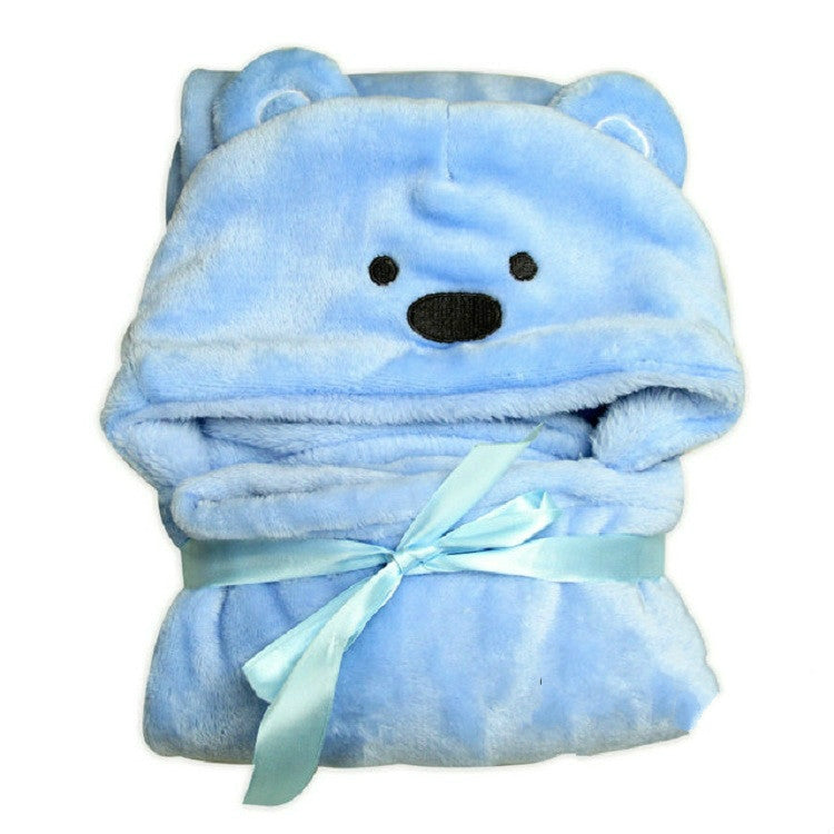 Light blue bear animal-shaped hooded bath towel with stitched nose and ears