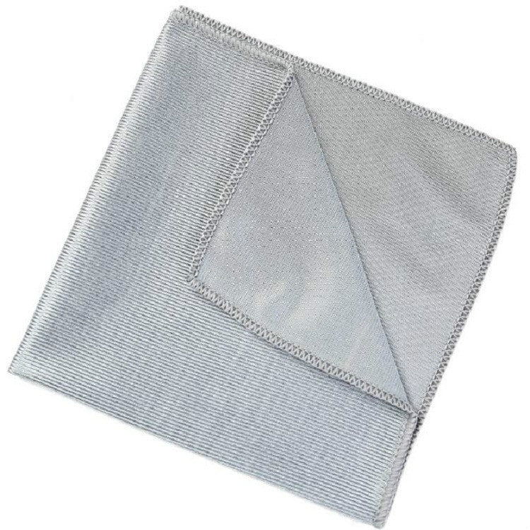 Microfiber glass cleaning cloth, pale gray with woven texture and stitched edge