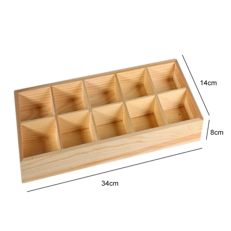 Wooden 10-cell storage box, 34cm x 14cm x 8cm, compartment planter tray