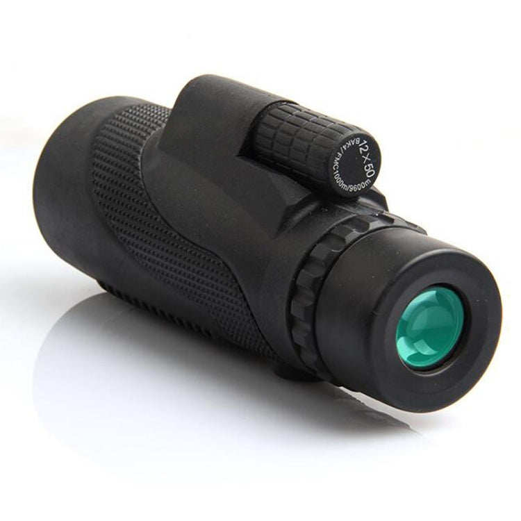 Black monocular telescope angled view with green-tinted objective lens