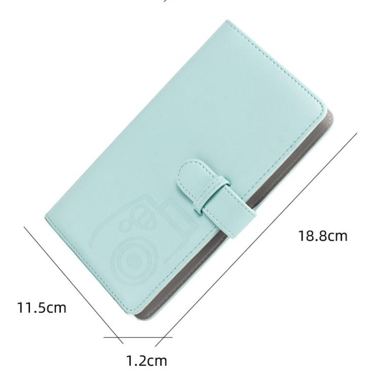 3-inch PU photo album, mint blue cover with strap closure and embossed camera icon
