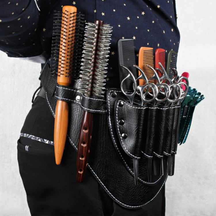 Black PU leather barber waist bag worn on waist with combs and metal shears in pockets