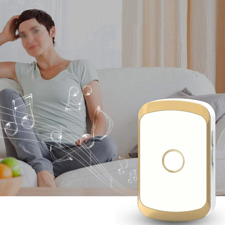Golden waterproof wireless doorbell receiver emitting chime sounds with bell icon