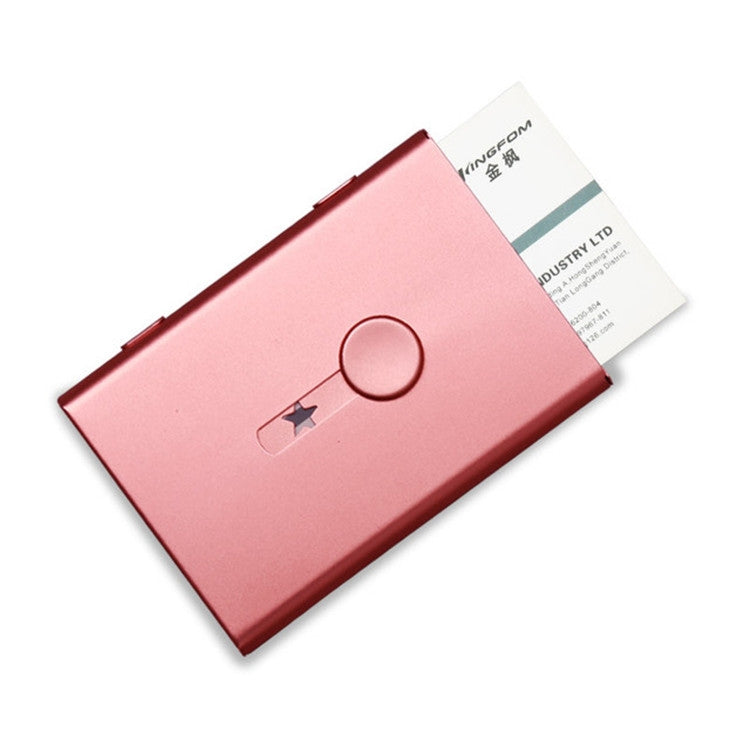Rose pink metal business card push case with frosted finish, round button and side slide opening