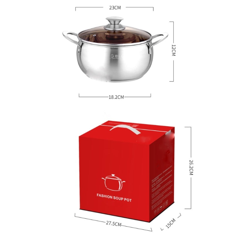 Stainless steel soup pot with domed lid and handles, shown in packaging
