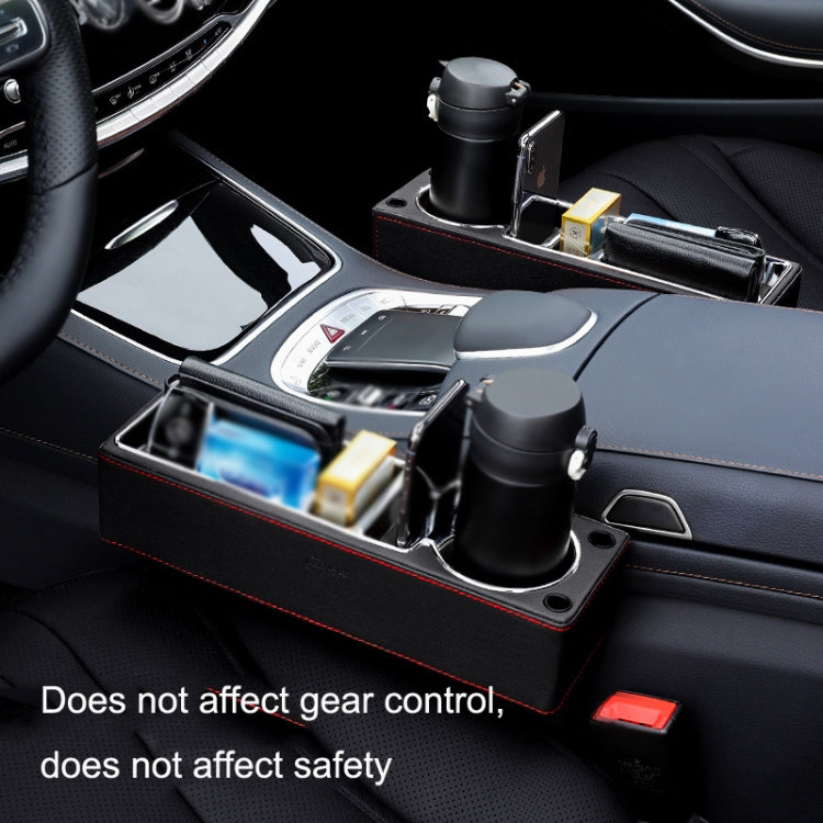Car seat gap storage box with dual USB ports and storage slots, black