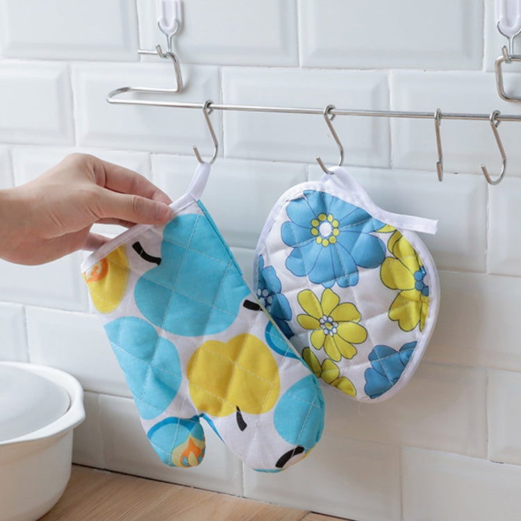 Hanging microwave oven gloves with blue flower and yellow daisy pattern
