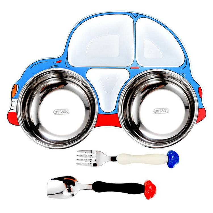 Kids blue car divided stainless steel dinner plate with two bowls and fork/spoon
