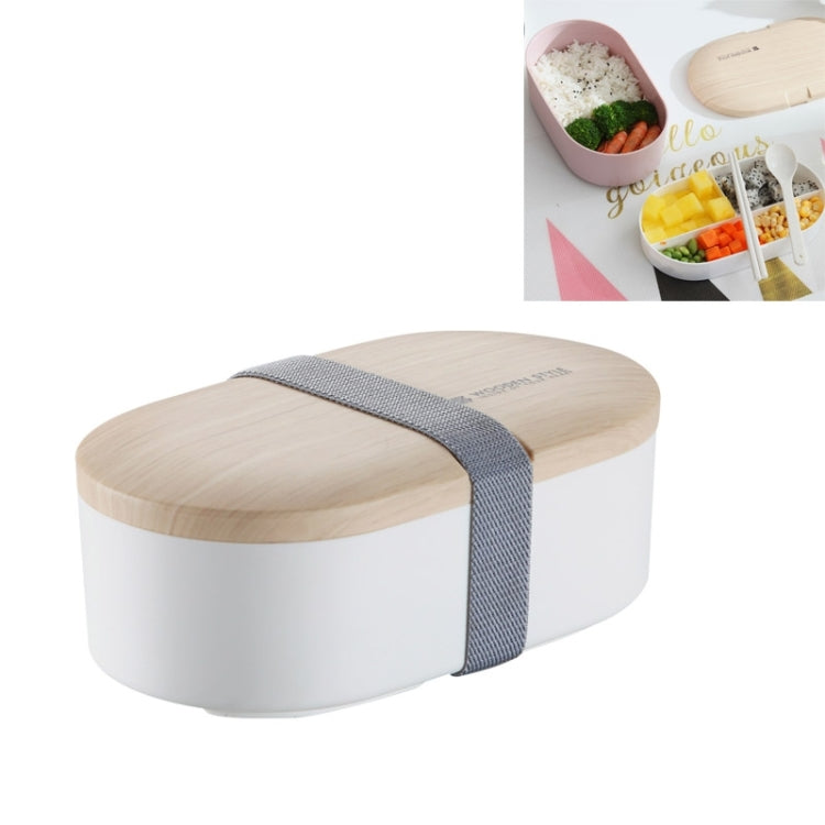 Oval leak-proof lunch box with light wood lid and grey wrap on white base