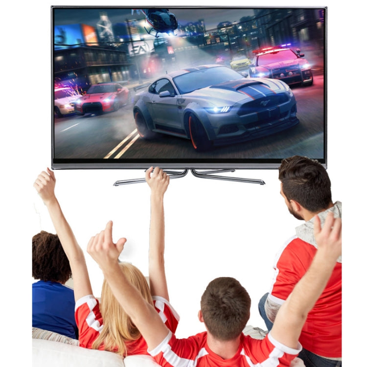 Family playing on a TV with wireless mini game console controllers