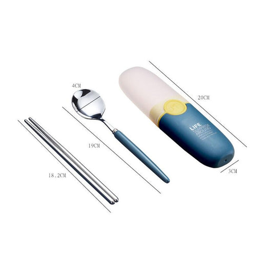 2 in 1 Simple Child Student Travel Portable 304 Stainless Steel Spoon Chopsticks Cutlery Set