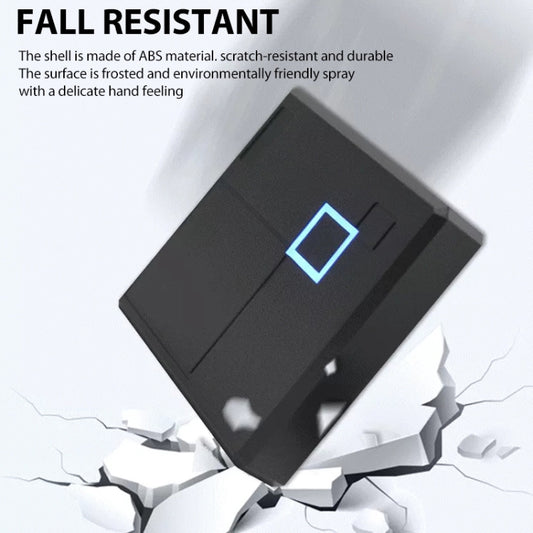Black card reader with glowing blue square indicator window on textured body