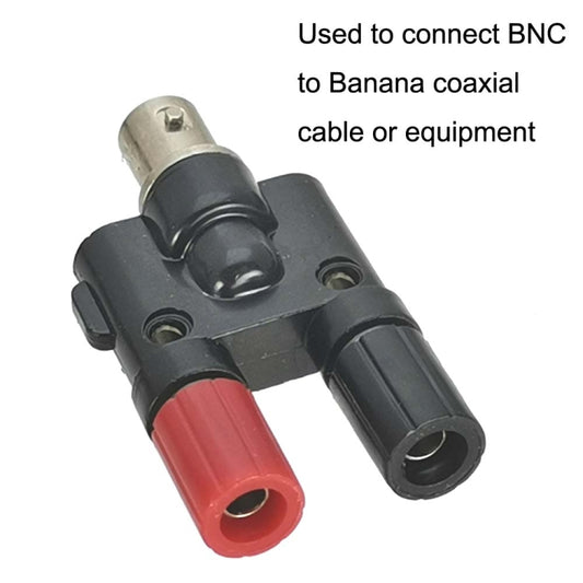 BNC female to dual banana female adapter, red banana jack with black connector body.