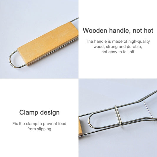 Chrome fish grill clip with light wooden handle and U-shaped clamp loops