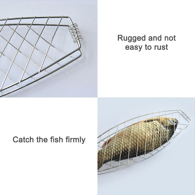 Fish grilling net clip with chrome mesh holding a whole fish on the grill