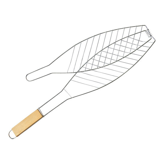 Barbecue fish grill net clip with chrome wire mesh and light wooden handle