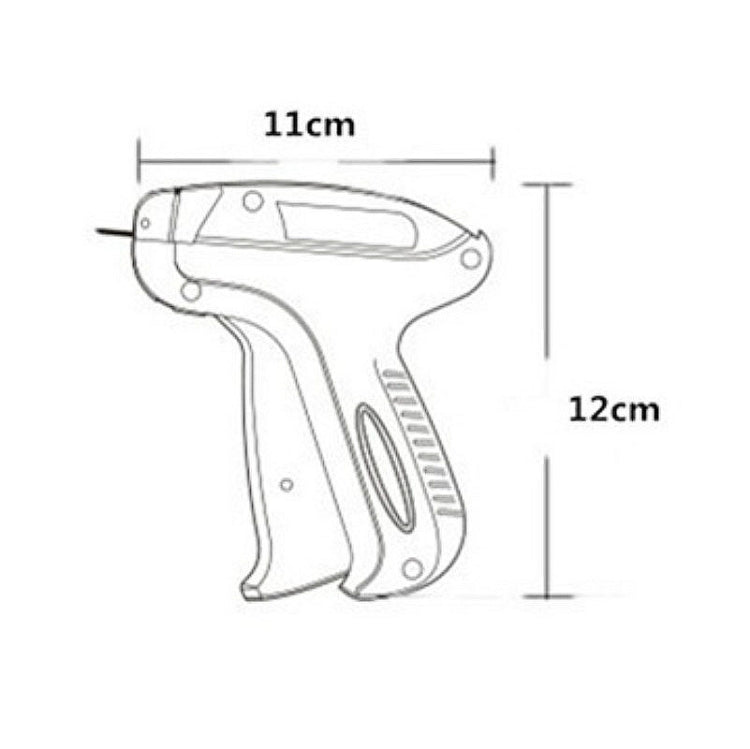 Tag gun size diagram showing 11 cm length and 12 cm height