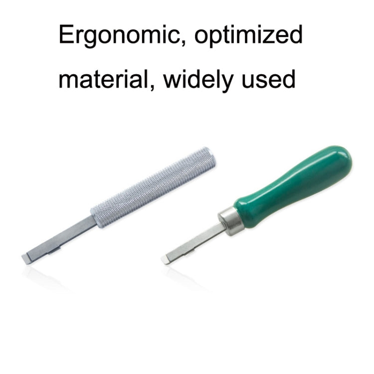 Steel watch case opener tools, one with green handle and textured grips