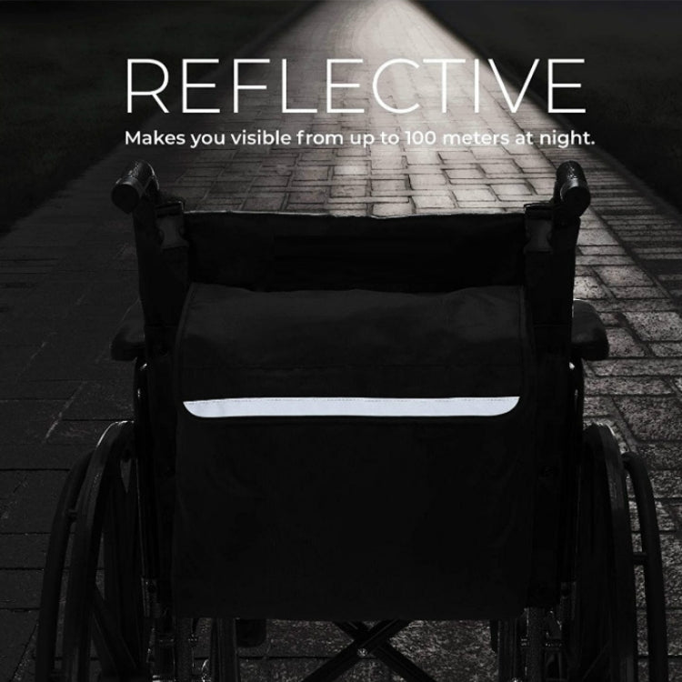Wheelchair armrest storage bag with reflective strip for visibility, front panel view