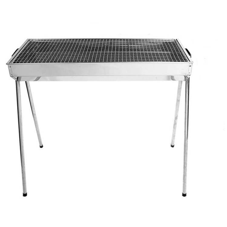 Portable stainless BBQ grill table with wire grate and four sturdy legs