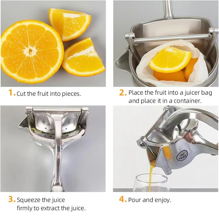 Steps for using a manual citrus juicer: lemons in, squeezing, then pouring into a glass
