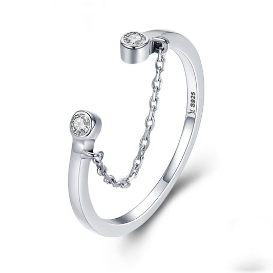 Silver open ring with bezel-set round CZ stones and linked chain detail, S925 look