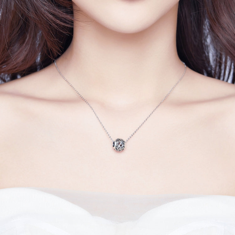 Sterling silver letter charm pendant necklace with black enamel floral scrollwork, A