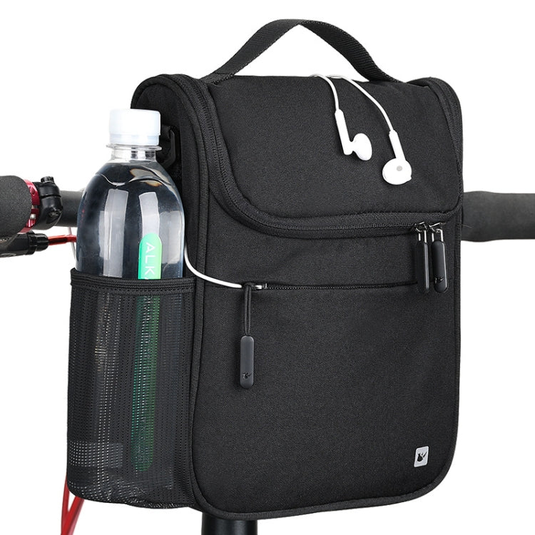 Full black bicycle front bag with top handle strap and bottle holder pocket