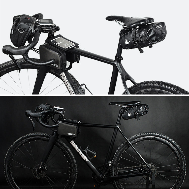Bicycle with mounted black waterproof saddle tail bag on rear seat area