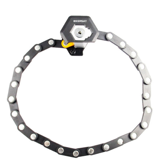 Bicycle folding chain lock with black links and hexagonal lock head, yellow release