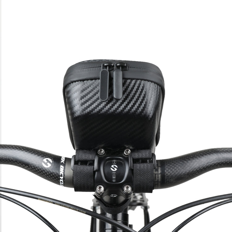 Hard shell handlebar phone bag mounted on handlebar with adjustable clamp strap