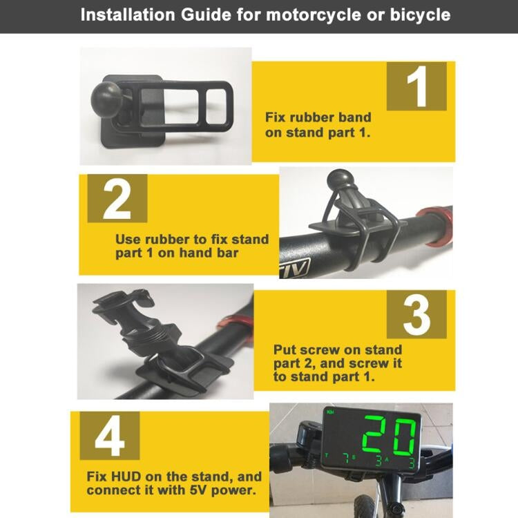 HUD speed meter installation guide steps for motorcycle or bicycle with stand mounting