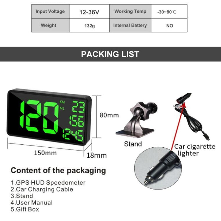 HUD GPS speedometer kit with 6.2-inch display, stand, and car cigarette lighter cable
