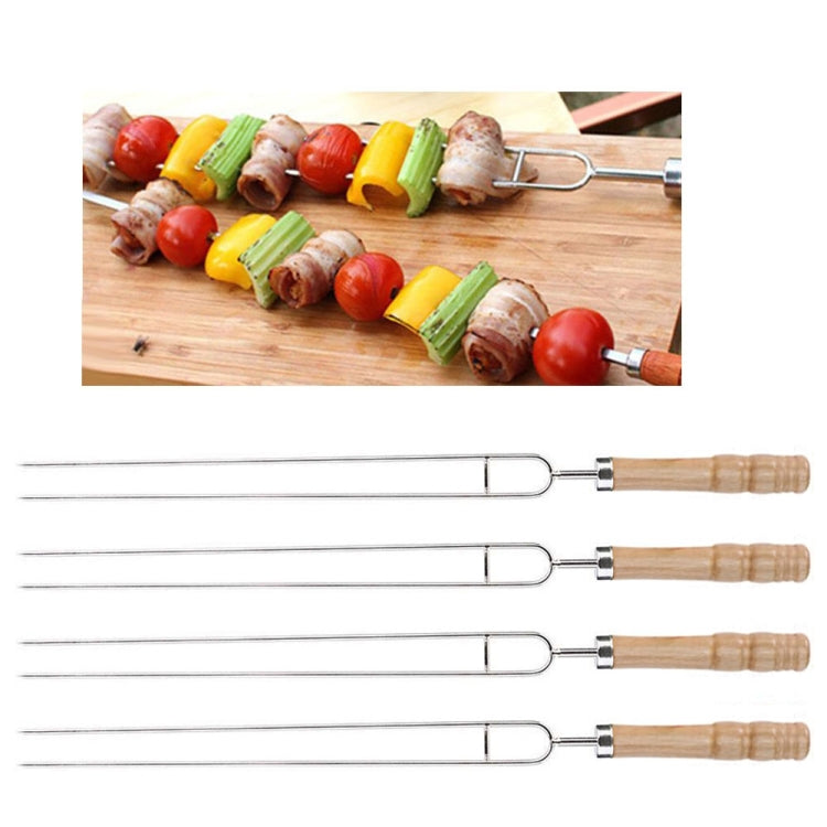 Set of barbecue skewer forks with stainless steel tines and wooden handles