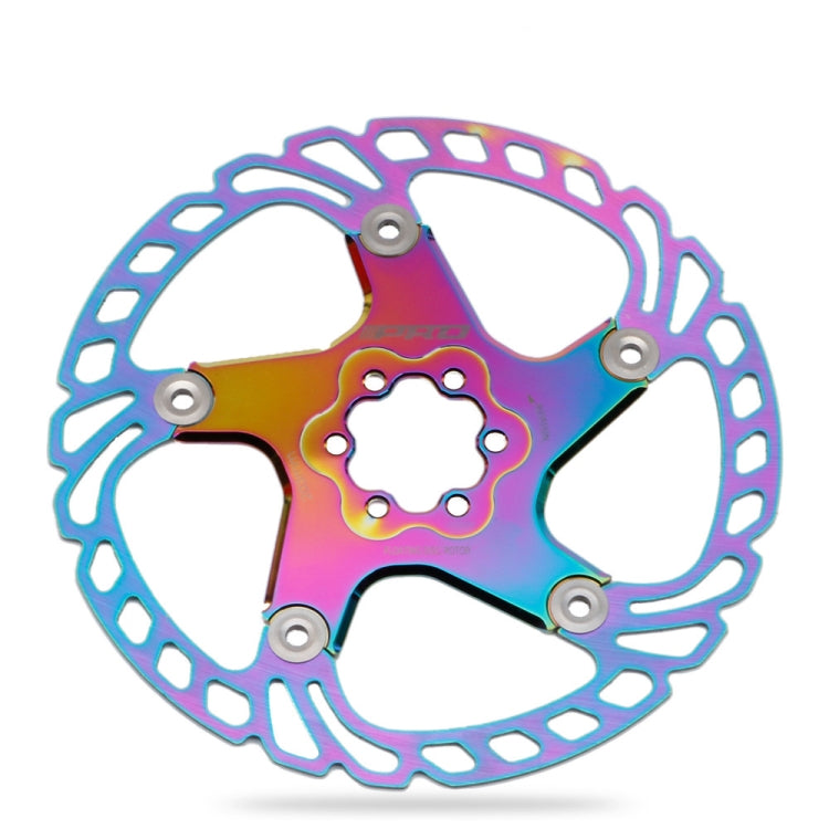 Six-bolt floating disc brake rotor with rainbow iridescent surface and large vent holes