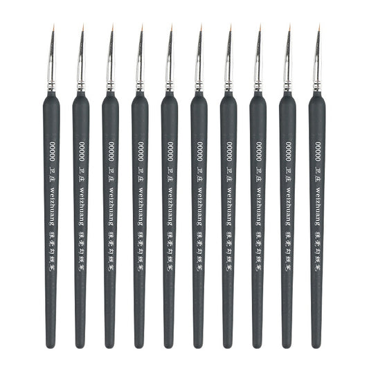 Set of thin-line watercolor brushes with dark blue handles and fine brush tips