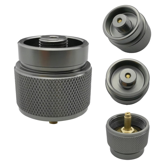Gray propane gas adapter with knurled grip and visible brass valve core