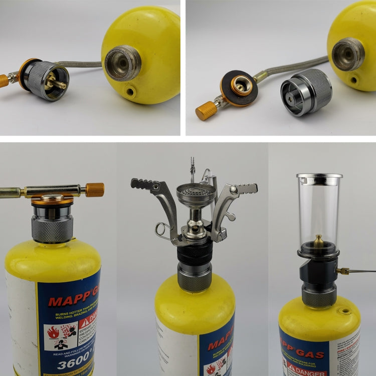 Propane gas adapter attached to yellow cylinder with hose and stove connector