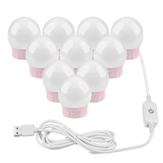 Dimmable makeup mirror LED lamp set with multiple round white bulb heads and pink bases