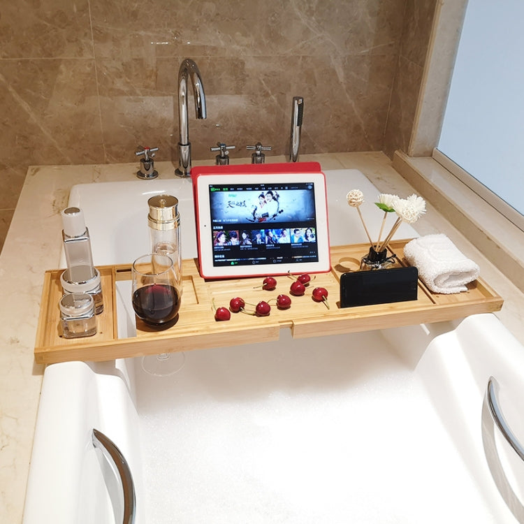 Wooden bathtub caddy tray with tablet stand, cup holders, and organizer compartments