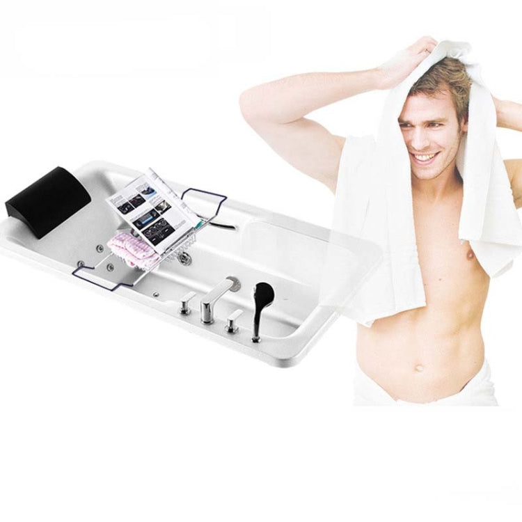 Stainless steel bathtub rack shelf with tablet stand over white bathtub