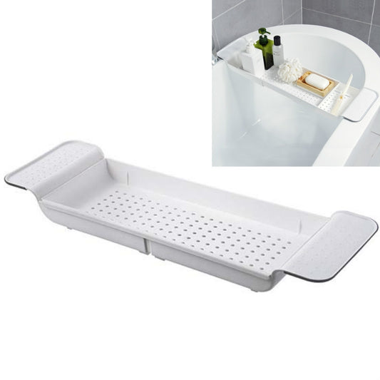Retractable Drain Bathtub Rack Bathroom Plastic Soaking Tub Rack Bathtub Shower Storage Rack, White+Gray
