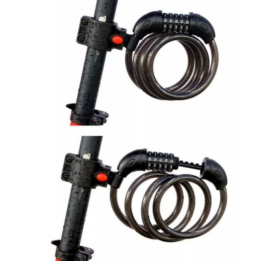 Black bicycle cable lock with 5-digit combination dials and coiled wire