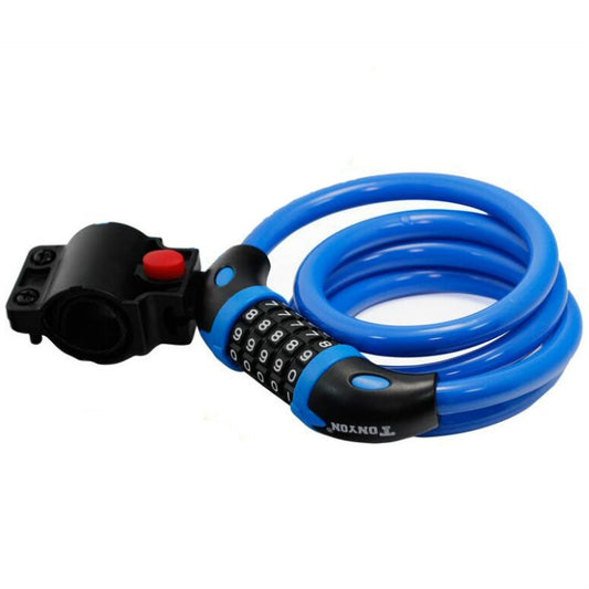 Blue five-digit bicycle cable lock with coiled wire and keyless combination dial