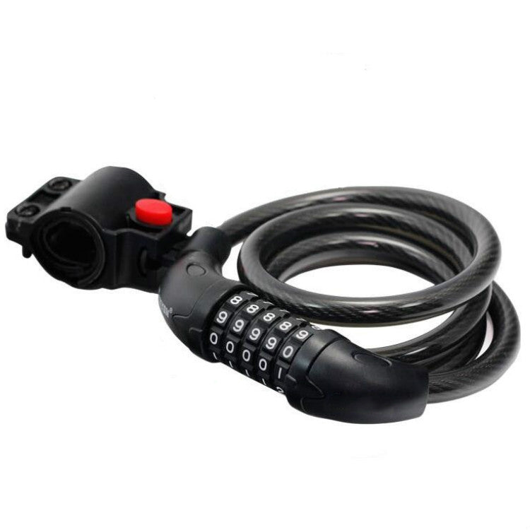 Black 5-digit bicycle cable lock with coiled wire and numbered combination dial