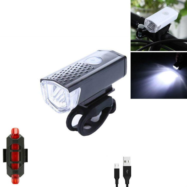 USB rechargeable bike headlight with clear lens and red rear taillight, black mount
