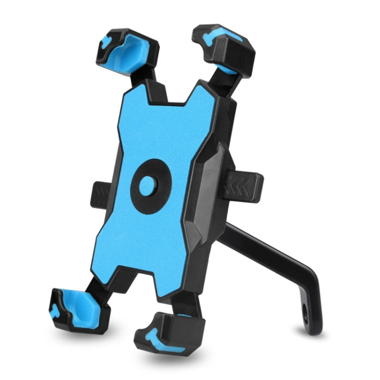 Rotating motorcycle phone holder with blue and black clamp arms