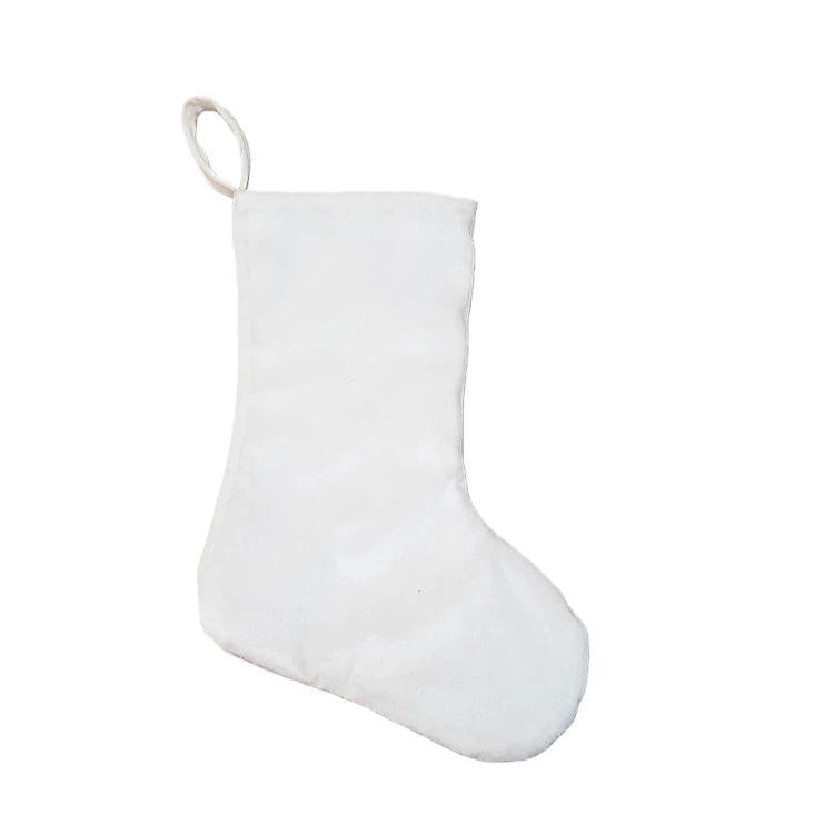 White fabric Christmas stocking with hanging loop, plain front.