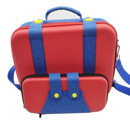 Red and blue hard shell game storage bag with dual front straps and zip closure