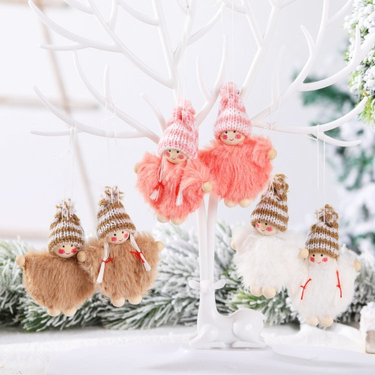 Assorted Christmas tree pendant dolls with striped knit hats in pink, brown, and white